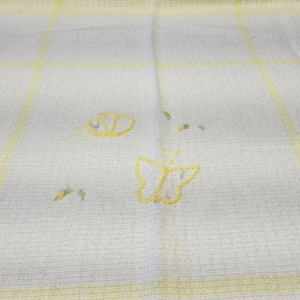 The Three Weavers Butterfly Plaid Baby‎ Blanket Yellow Fringed Embroidered